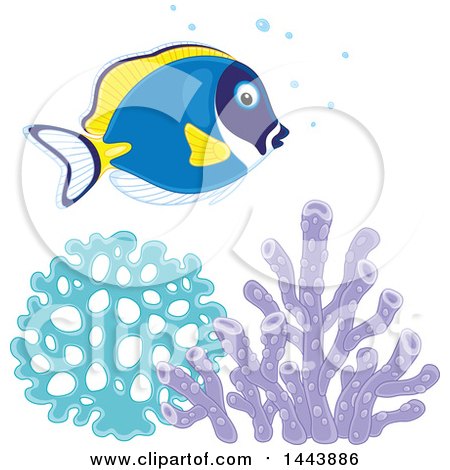 Clipart of a Powder Blue Tang Fish over Corals - Royalty Free Vector Illustration by Alex Bannykh