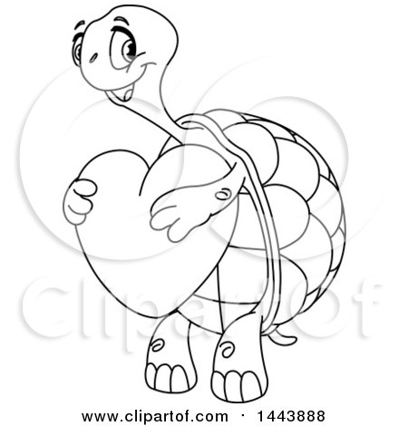 Clipart of a Cartoon Black and White Lineart Tortoise Turtle Holding a Love Heart - Royalty Free Vector Illustration by yayayoyo