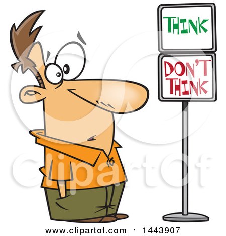 Clipart of a Cartoon White Man Staring at Think and Dont Think Signs - Royalty Free Vector Illustration by toonaday