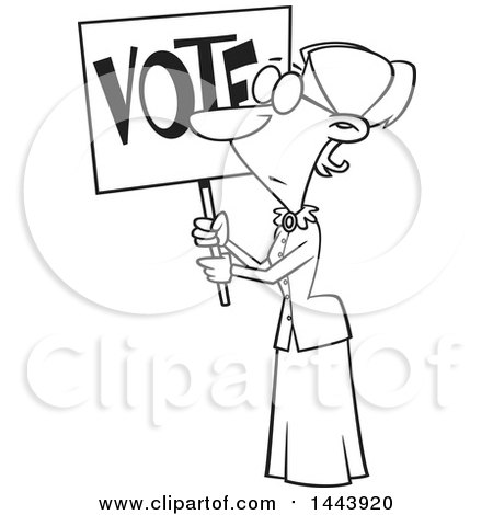 Clipart of a Cartoon Black and White Lineart Woman, Susan Anthony, Holding up a Vote Sign - Royalty Free Vector Illustration by toonaday