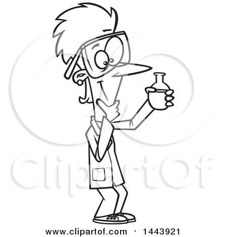 Clipart of a Cartoon Black and White Lineart Scientist Woman Holding a Container and Thinking - Royalty Free Vector Illustration by toonaday