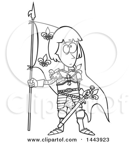 Clipart of a Cartoon Black and White Lineart Joan of Arc Standing with a Flag - Royalty Free Vector Illustration by toonaday