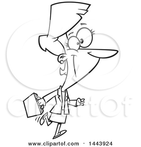 Clipart of a Cartoon Black and White Lineart Happy Business Woman Walking and Carrying a Briefcase - Royalty Free Vector Illustration by toonaday