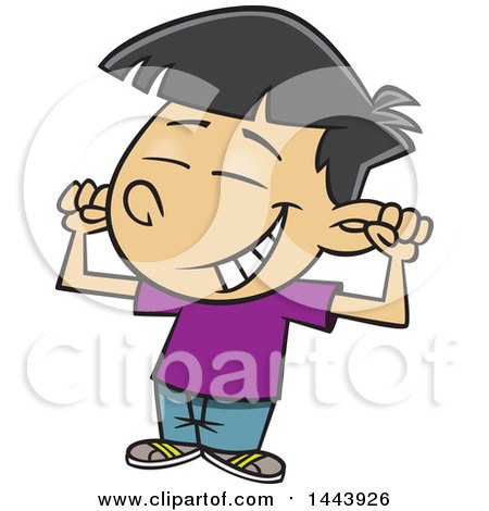 Clipart of a Cartoon Asian Boy Flexing His Muscles and Grinning - Royalty Free Vector Illustration by toonaday