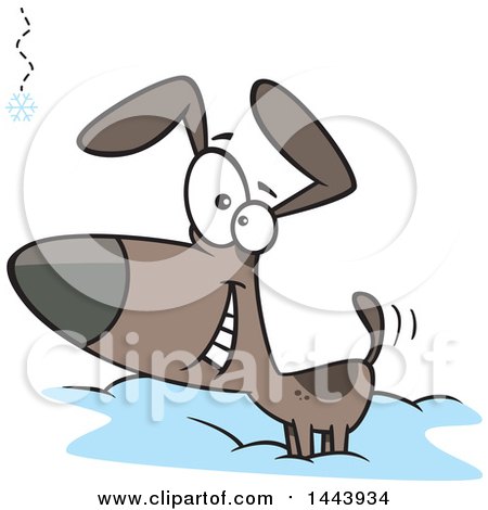 Clipart of a Cartoon Happy Dog Wagging His Tail and Watching a Falling Snowflake - Royalty Free Vector Illustration by toonaday