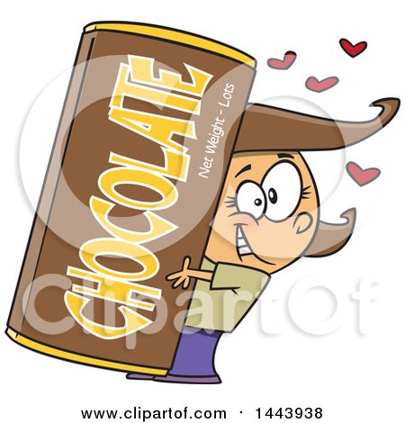 Clipart of a Cartoon Happy Brunette White Girl Hugging a Giant Chocolate Bar| Royalty Free Vector Illustration by toonaday