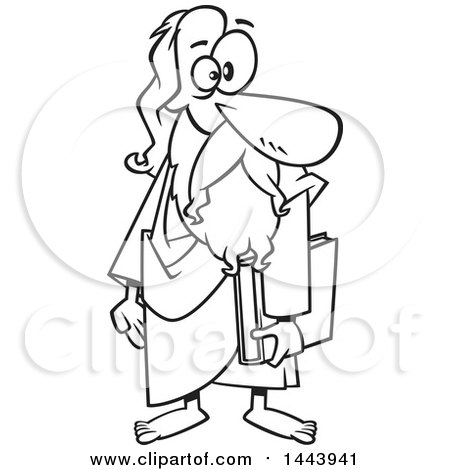 Clipart of a Cartoon Black and White Lineart Man, Plato, Holding a Book - Royalty Free Vector Illustration by toonaday