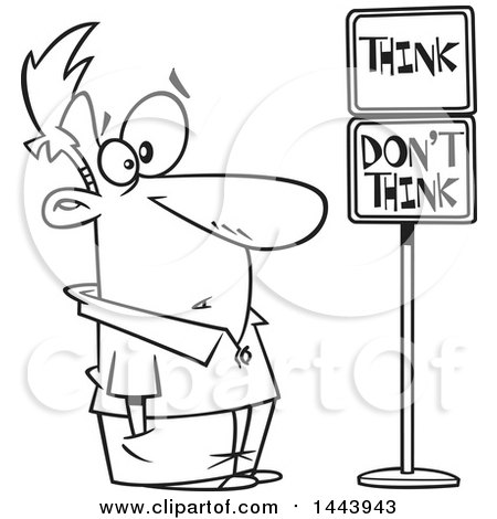 Clipart of a Cartoon Black and White Lineart Man Staring at Think and Dont Think Signs - Royalty Free Vector Illustration by toonaday