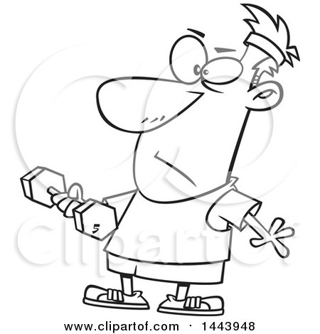 Clipart of a Cartoon Black and White Lineart Man Working out with a Dumbbell - Royalty Free Vector Illustration by toonaday