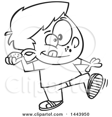 Clipart of a Cartoon Black and White Lineart Boy Throwing a Stone - Royalty Free Vector Illustration by toonaday