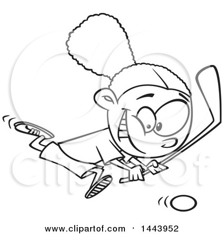Clipart of a Cartoon Black and White Lineart Girl Playing Floor Hockey - Royalty Free Vector Illustration by toonaday