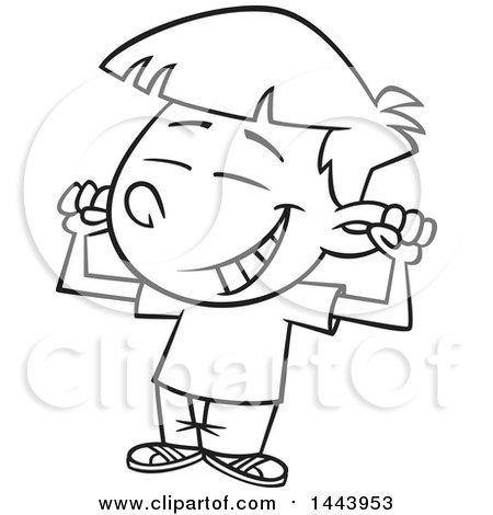 Clipart of a Cartoon Black and White Lineart Boy Flexing His Muscles and Grinning - Royalty Free Vector Illustration by toonaday