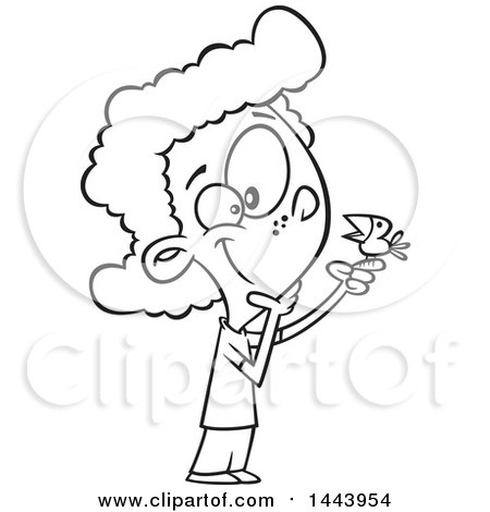 Clipart of a Cartoon Black and White Lineart Kid Talking to a Bird - Royalty Free Vector Illustration by toonaday