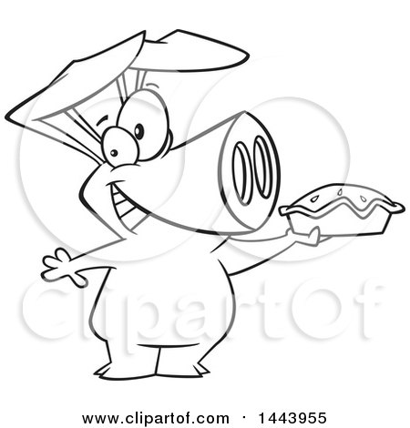 Clipart of a Cartoon Black and White Lineart Happy Pig Holding up a Pie - Royalty Free Vector Illustration by toonaday