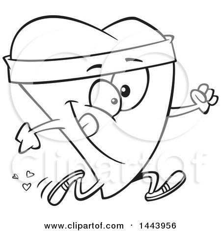 Clipart of a Cartoon Black and White Lineart Fit Love Heart Character Running - Royalty Free Vector Illustration by toonaday
