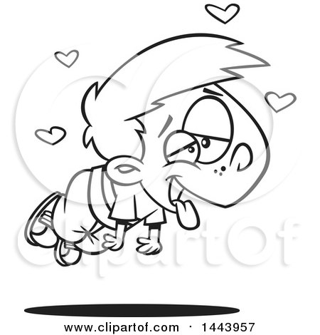 Clipart of a Cartoon Black and White Lineart Boy Infatuated and Floating with Hearts - Royalty Free Vector Illustration by toonaday