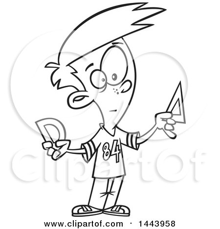 Clipart of a Cartoon Black and White Lineart Boy Holding Geometry Rulers - Royalty Free Vector Illustration by toonaday