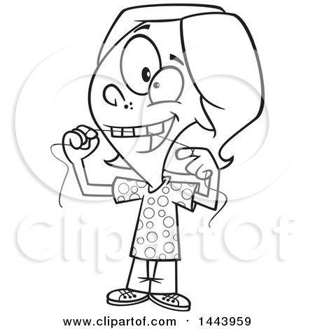 Clipart of a Cartoon Black and White Lineart Kid Flossing Their Teeth - Royalty Free Vector Illustration by toonaday
