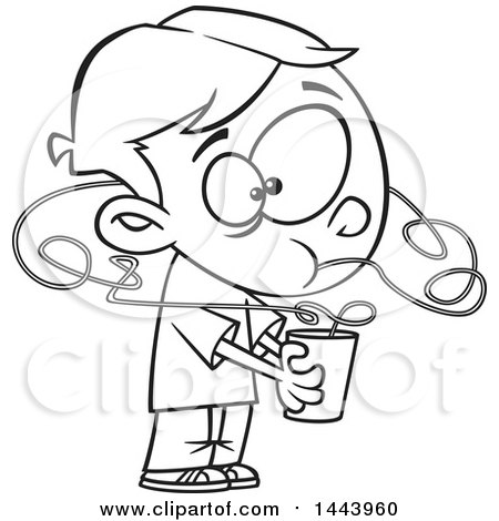 Clipart of a Cartoon Black and White Lineart Boy Drinking a Beverage from a Crazy Straw - Royalty Free Vector Illustration by toonaday
