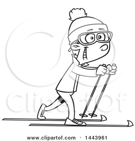 Clipart of a Cartoon Black and White Lineart Boy Cross Country Skiing - Royalty Free Vector Illustration by toonaday