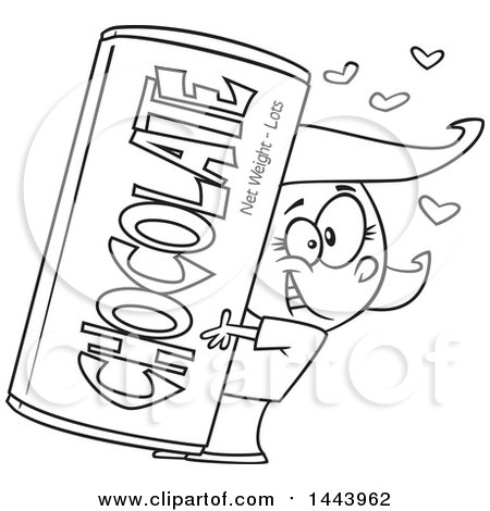 Clipart of a Cartoon Black and White Lineart Happy Girl Hugging a Giant Chocolate Bar - Royalty Free Vector Illustration by toonaday