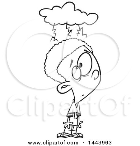 Clipart of a Cartoon Black and White Lineart Boy with a Brainstorm Cloud - Royalty Free Vector Illustration by toonaday