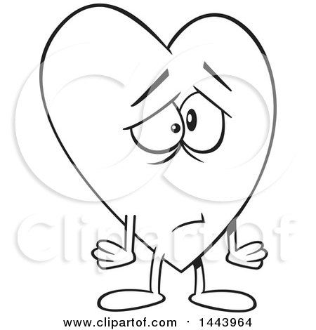 Clipart of a Cartoon Black and White Lineart Sad Love Heart Character - Royalty Free Vector Illustration by toonaday