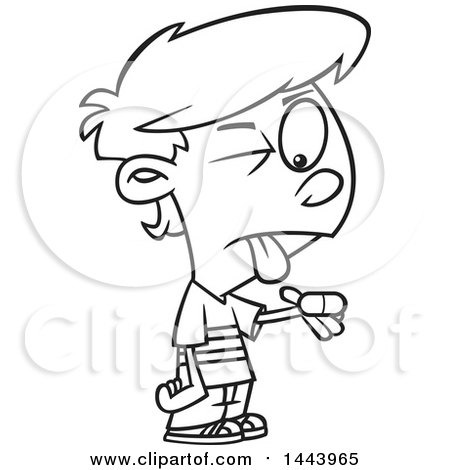Clipart of a Cartoon Black and White Lineart Boy with a Bitter Pill to Swallow - Royalty Free Vector Illustration by toonaday