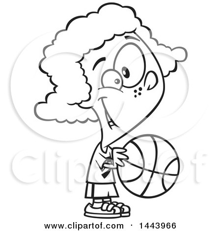 Clipart of a Cartoon Black and White Lineart Girl Playing Basketball - Royalty Free Vector Illustration by toonaday