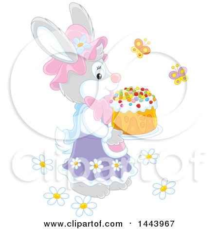 Clipart of a Girl Bunny Rabbit Carrying an Easter Cake - Royalty Free Vector Illustration by Alex Bannykh
