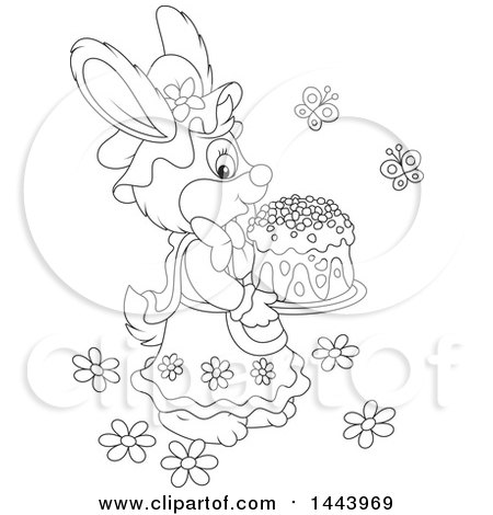 Clipart of a Cartoon Black and White Lineart Female Bunny Rabbit Carrying an Easter Cake - Royalty Free Vector Illustration by Alex Bannykh