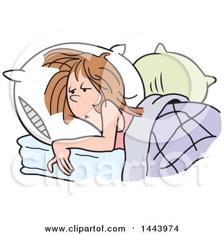 Clipart of a Cartoon Sleepless Caucasian Woman Resting Against a Pilllow - Royalty Free Vector Illustration by Johnny Sajem