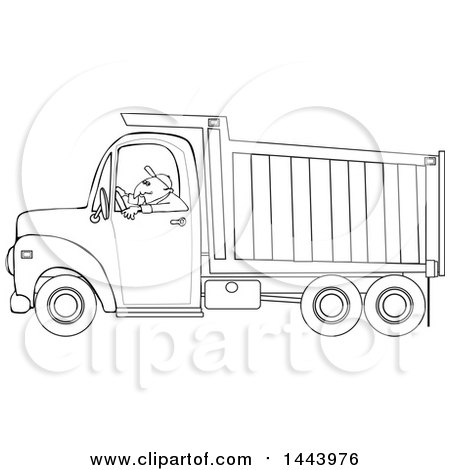 Clipart of a Cartoon Black and White Lineart Man Driving a Dump Truck - Royalty Free Vector Illustration by djart