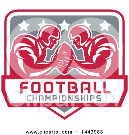 Clipart of Retro American Football Super Bowl LI Players Holding a Ball in Red White and Gray, with Text - Royalty Free Vector Illustration by patrimonio