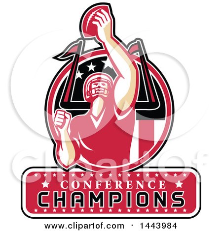 Clipart of a Retro American Football Player Holding up a Ball with Conference Champions Text for Super Bowl LI in a Red Black and White Circle - Royalty Free Vector Illustration by patrimonio