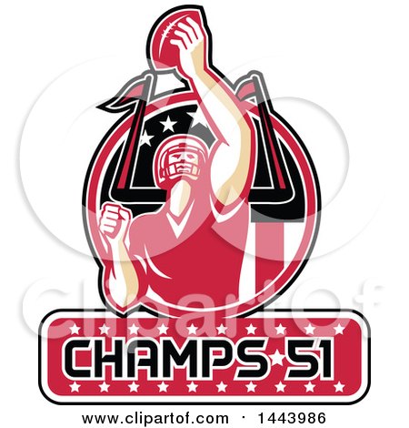 Clipart of a Retro American Football Player Holding up a Ball with Champs 51 for Super Bowl LI in a Red Black and White Circle - Royalty Free Vector Illustration by patrimonio