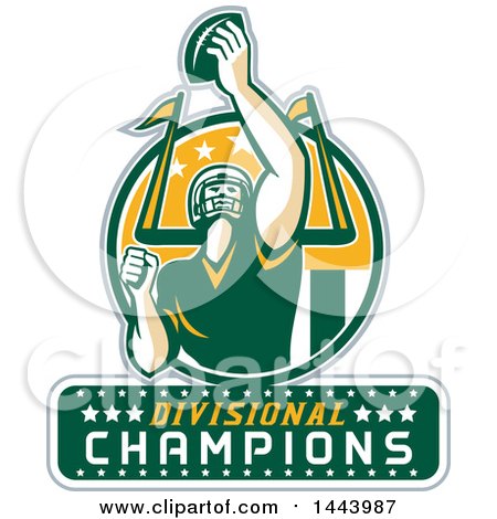 Clipart of a Retro American Football Player Holding up a Ball with Divisional Champions Text for Super Bowl LI in a Green White and Yellow Circle - Royalty Free Vector Illustration by patrimonio