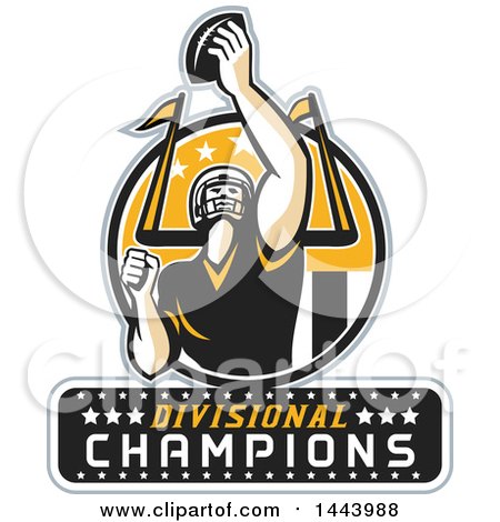 Clipart of a Retro American Football Player Holding up a Ball with Divisional Champions Text for Super Bowl LI in a Black Yellow and White Circle - Royalty Free Vector Illustration by patrimonio