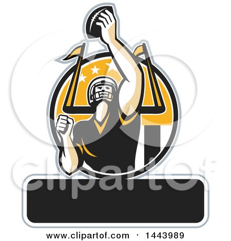 Clipart of a Retro American Football Player Holding up a Ball with Text Space for Super Bowl LI in a Black Yellow and White Circle - Royalty Free Vector Illustration by patrimonio