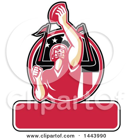 Clipart of a Retro American Football Player Holding up a Ball for Super Bowl LI in a Red Black and White Circle over Text Space - Royalty Free Vector Illustration by patrimonio