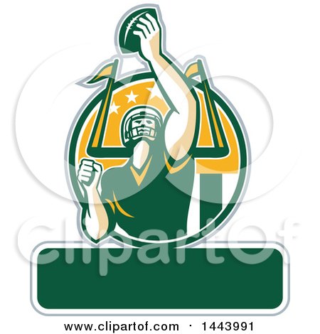 Clipart of a Retro American Football Player Holding up a Ball with Text Space for Super Bowl LI in a Green White and Yellow Circle - Royalty Free Vector Illustration by patrimonio