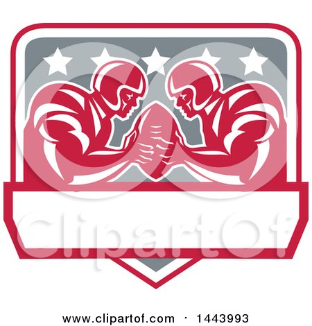 Clipart of Retro American Football Super Bowl LI Players Holding a Ball in Red White and Gray - Royalty Free Vector Illustration by patrimonio