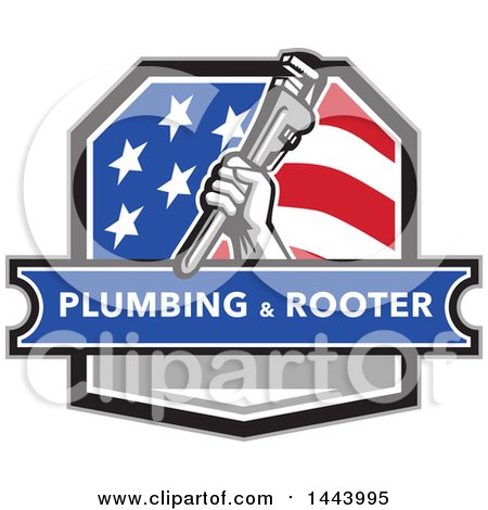 Clipart of a Retro Plumber Hand Holding a Pipe Monkey Wrench in an American Crest, over a Plumbing and Rooter Banner - Royalty Free Vector Illustration by patrimonio