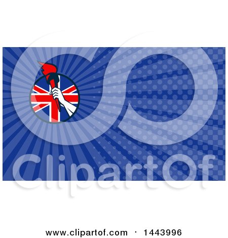 Clipart of a Retro Athlete Holding up a Flaming Torch over a British Union Jack Flag and Blue Rays Background or Business Card Design - Royalty Free Illustration by patrimonio