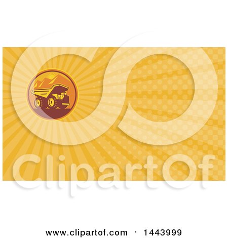 Clipart of a Retro Mining Dump Truck in a Circle of Mountains and a Sunset and Orange Rays Background or Business Card Design - Royalty Free Illustration by patrimonio