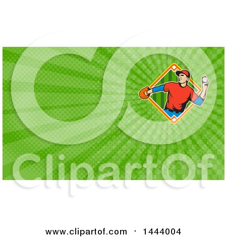 Clipart of a Cartoon Baseball Player Pitching and Green Rays Background or Business Card Design - Royalty Free Illustration by patrimonio