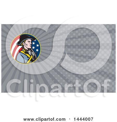 Clipart of a Retro American Revolutionary Soldier Patriot Minuteman in a Circle of Stars and Stripes and Gray Rays Background or Business Card Design - Royalty Free Illustration by patrimonio