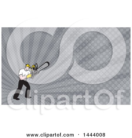 Clipart of a Retro Cartoon White Male Tree Surgeon Arborist Holding a Chainsaw and Gray Rays Background or Business Card Design - Royalty Free Illustration by patrimonio