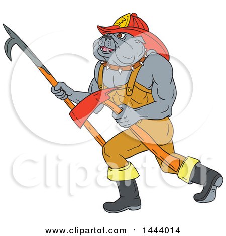 Clipart of a Sketched Bulldog Fire Fighter Walking with a Pike Poke and Axe - Royalty Free Vector Illustration by patrimonio