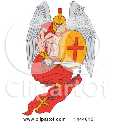Clipart of a Sketched Wounded Spartan Warrior Angel Holding a Sword and Shield with a Rosary - Royalty Free Vector Illustration by patrimonio